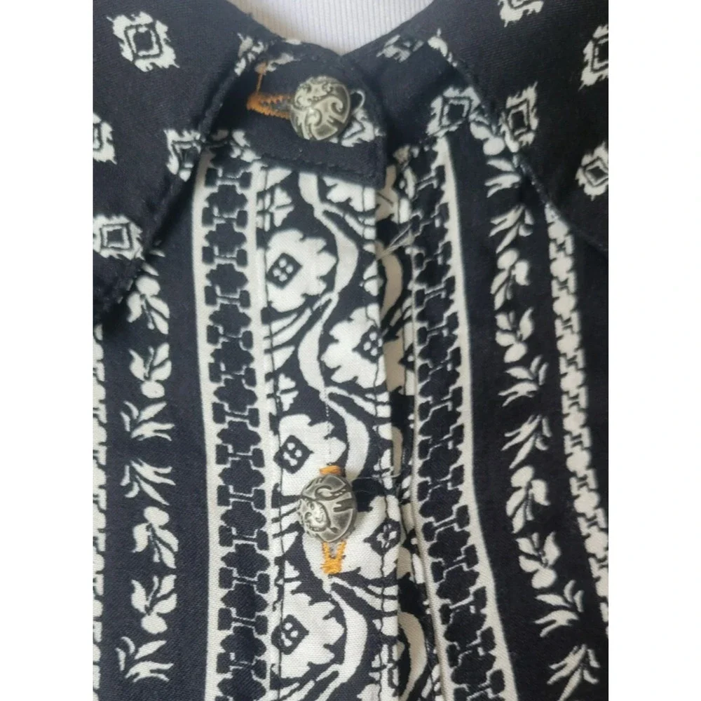 Cyrena by Anthropologie L Tunic Dress Black White Boho Floral Pleated Back Flowy